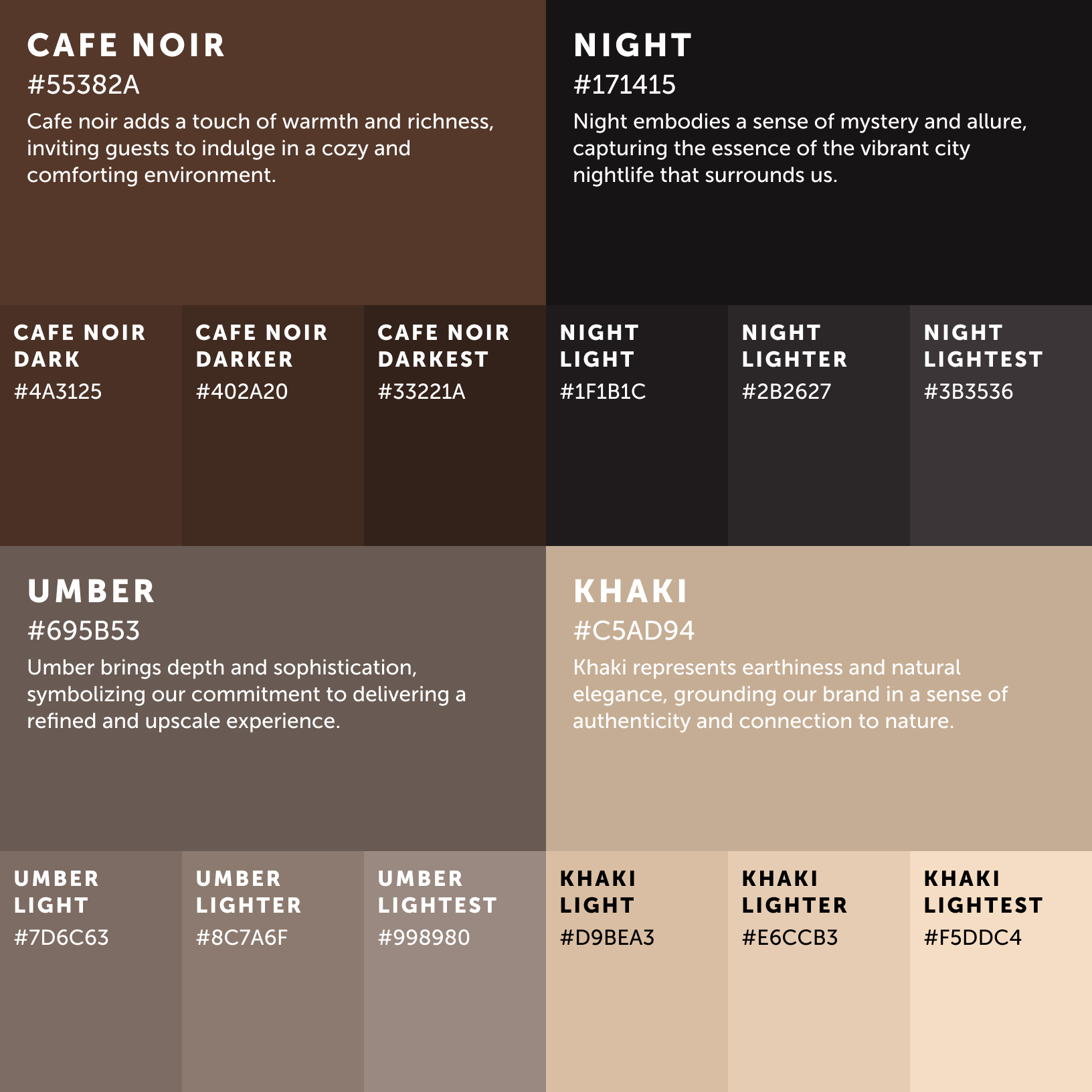 The Modern Luxury Hotel and Spa color palette, colors, cafe noir, night, umber, khaki